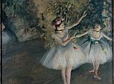 Courtauld 03 Edgar Degas - Two Dancers on a Stage 3. Edgar Degas - Two Dancers on the Stage. 1874, 62 x 46 cm. Degas gives no indication of whether we are watching a performance or a rehearsal of the two dancers, who are in standard ballet positions. At the far left is a third dancer, her figure cut by the frame. The ballet, with its precision of movements, fascinated him, but he always presented it in ways which revealed its artificiality, by including other extraneous elements  figures which do not watch the dancers, waiting dancers scratching themselves, or dancers who play no part in the main action, like the figure on the left here.